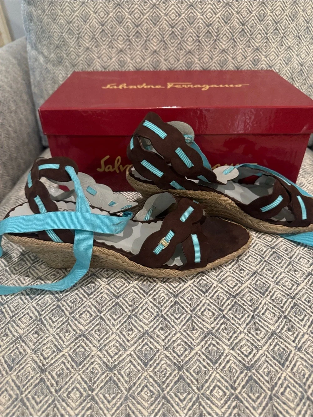 Salvatore Ferragamo Brown Suede Espadrille Sandals with Turquoise Ribbon